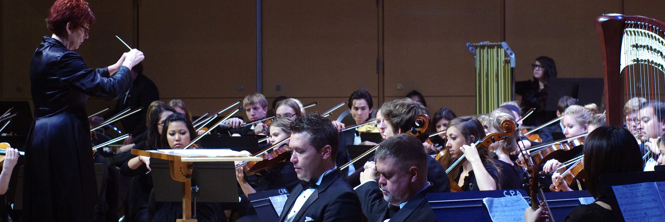 An orchestra performs onstage.