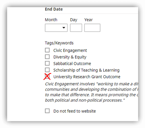 Screen shot of Digital Measures activity screen showing where to select University Research Grant Outcome checkbox